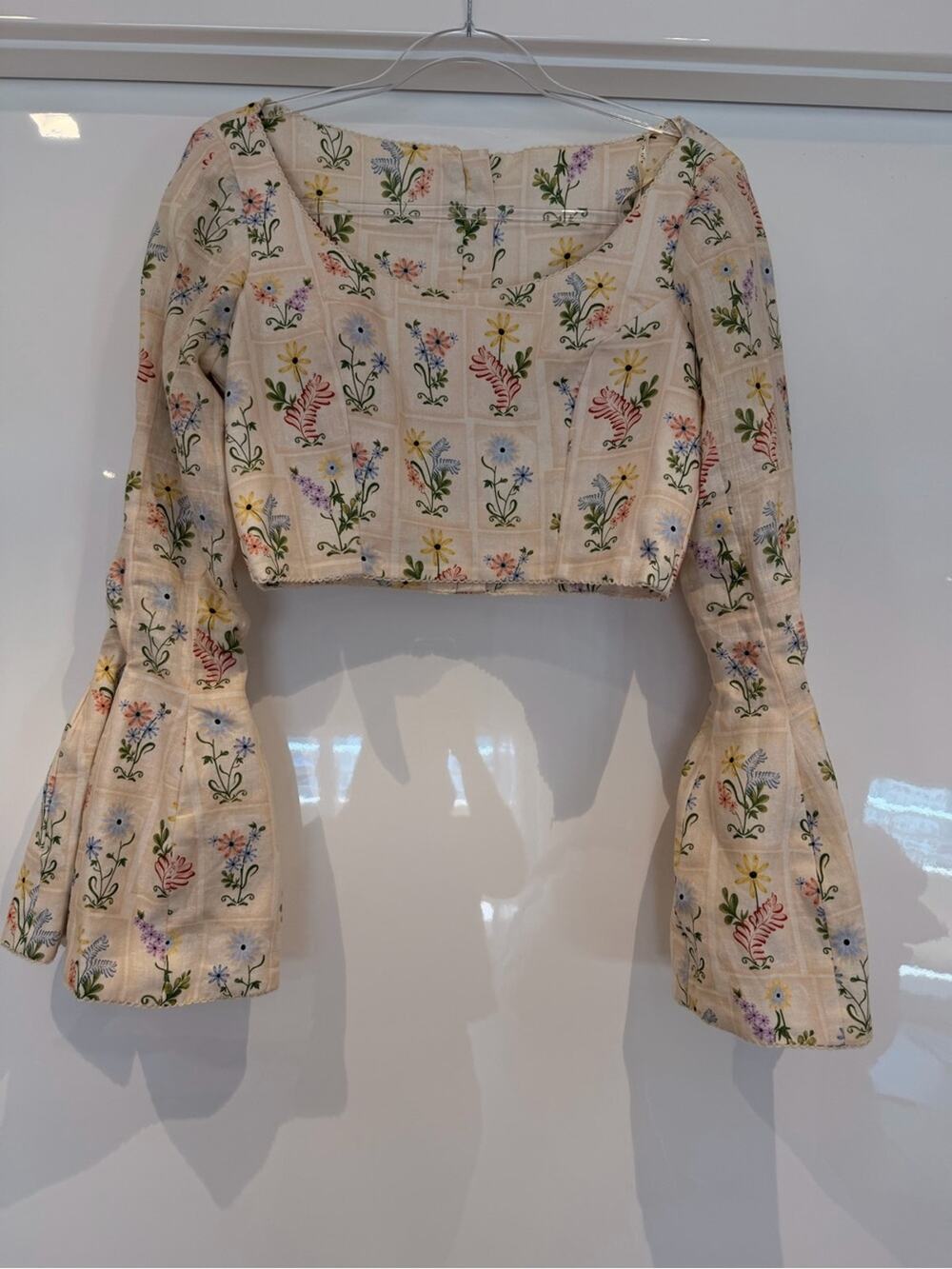 Agua by Agua Bendita Cream Floral Crop Top with Bell Sleeves & short maching set